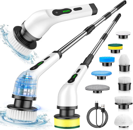 Electric Spin Scrubber, Cordless Cleaning Brush with 9 Replaceable Brush Heads, 1.5H Power Dual Speed, Shower Scrubber with Extension Handle for Bathroom Tub Tile Floor Car