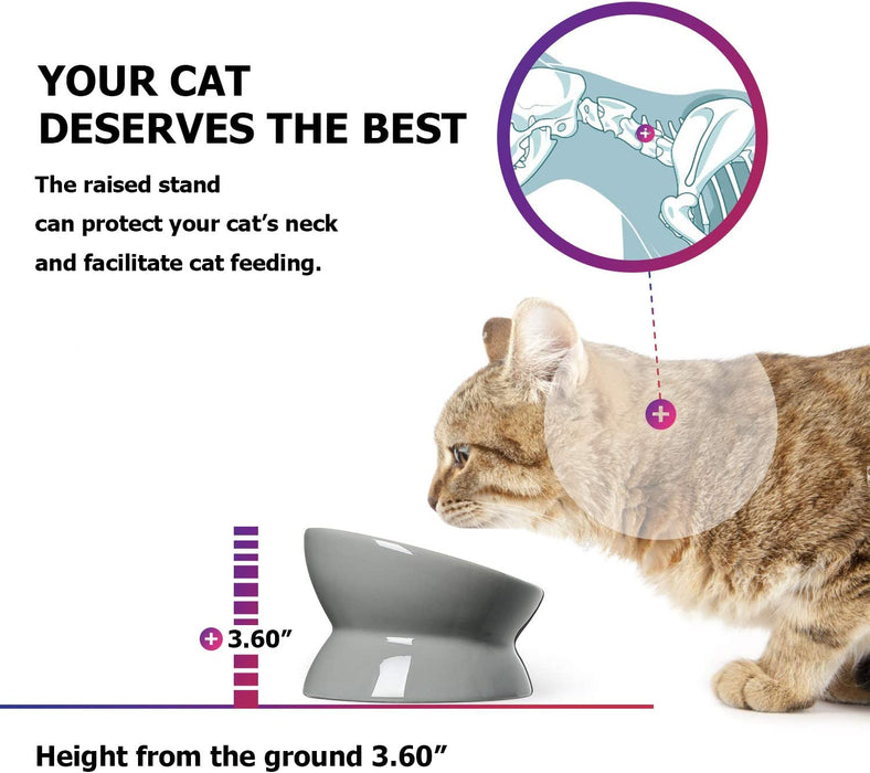 Raised Cat Food Bowl, Ceramic Elevated Cat Bowl, Title Angle Protect Cat'S Spine, anti Vomiting Cat Dish, Backflow Prevention, Grey