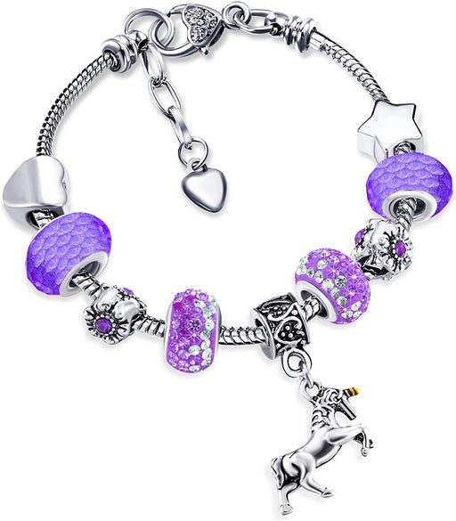 Unicorn Sparkly Crystal Charm Bracelet Bangle with Gift Box Set for Girl Lady