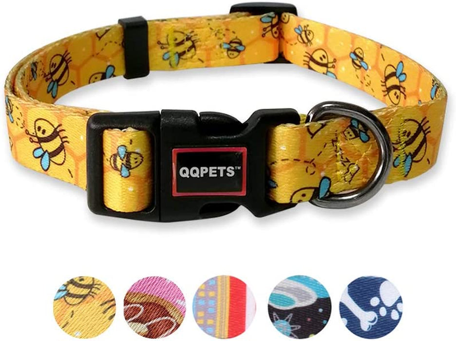 QQPETS Adjustable Soft Dog Collar: Print Flower Pink Multicolor Cute Patterns for XS Small Medium Large Pet Girl Boy Puppy Walking Running Training (M, Bone)