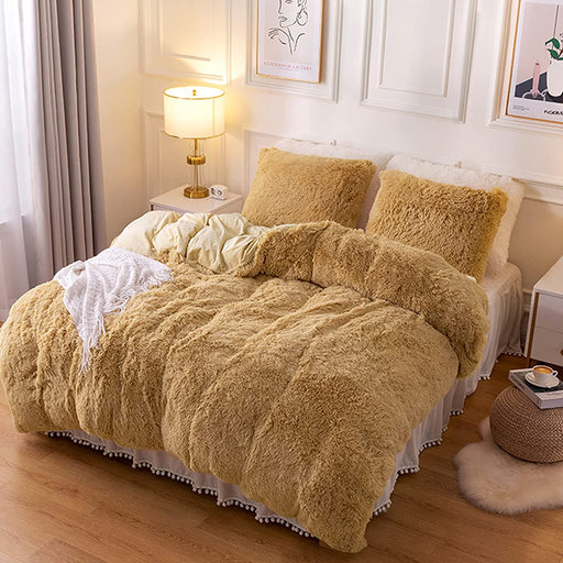 Plush Fluffy Duvet Cover Oeko-Tex Certified Luxury Ultra Soft Shaggy Crystal Velvet Bedding Set 3 Pieces(1 Duvet Cover + 2 Pillow Shams) Zipper Closure(Queen, Camel)