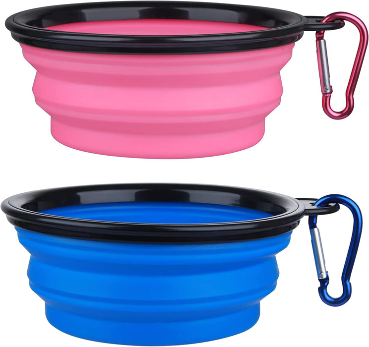 Collapsible Dog Bowl, 2 Pack Collapsible Dog Water Bowls for Cats Dogs, Portable Pet Feeding Watering Dish for Walking Parking Traveling with 2 Carabiners (Small, Orange+Pink)