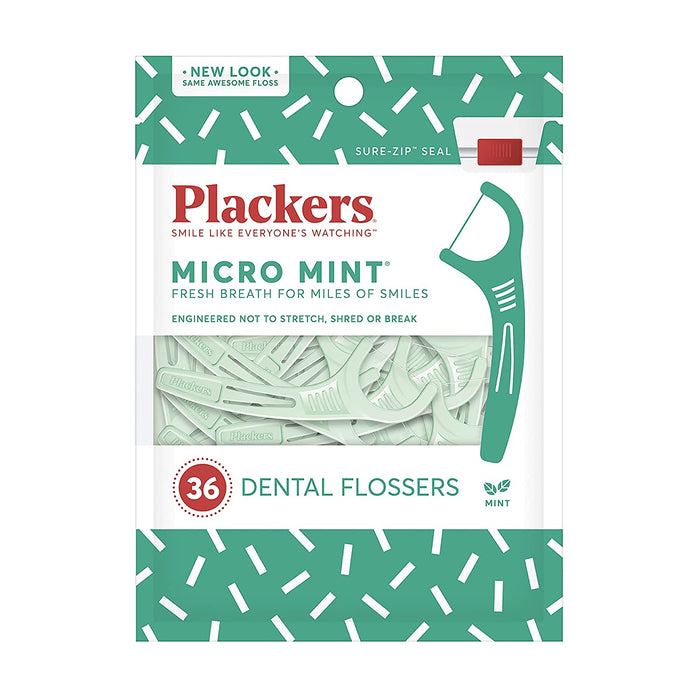 Plackers Micro Mint Dental Flossers, Fresh Mint Flavor, Fold-Out Toothpick, Super Tuffloss, Easy Storage with Sure-Zip Seal, 300 Count