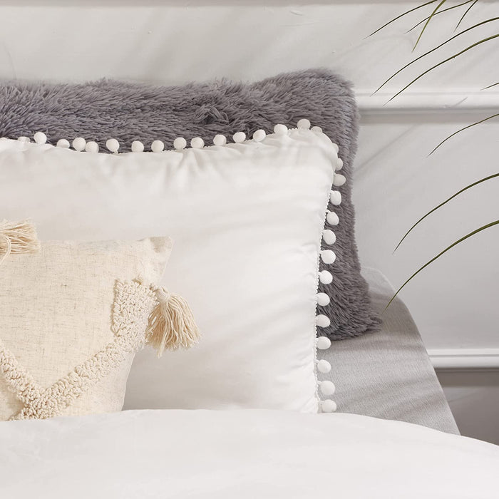 off White Queen Ball Pom Fringe Design Comforter Set 3Pcs, 3 Pieces Boho Aesthetic Luxurious Queen Bedding Set, Vintage Ultra Soft Microfiber Comforter Set