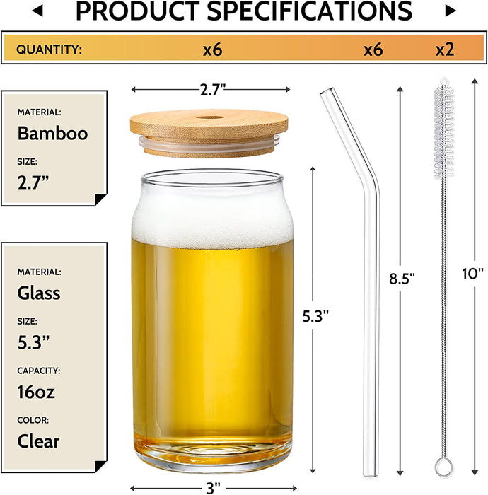 [ 6Pcs Set ] Glass Cups with Bamboo Lids and Glass Straw - Beer Can Shaped Drinking Glasses, 16 Oz Iced Coffee Glasses, Cute Tumbler Cup for Smoothie, Boba Tea, Whiskey, Water - 2 Cleaning Brushes