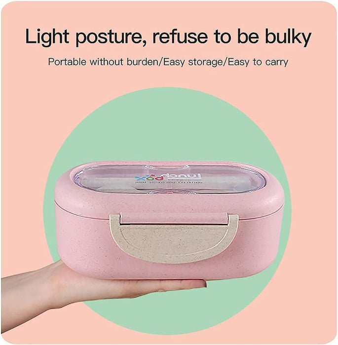 Bento Box, Natural Wheat Safety 1000 ML Lunch Box Leakproof Food Storage Container with Fork Chopsticks, Spoon for Kids Adults, Microwavable, Dishwasher Safe, Pink