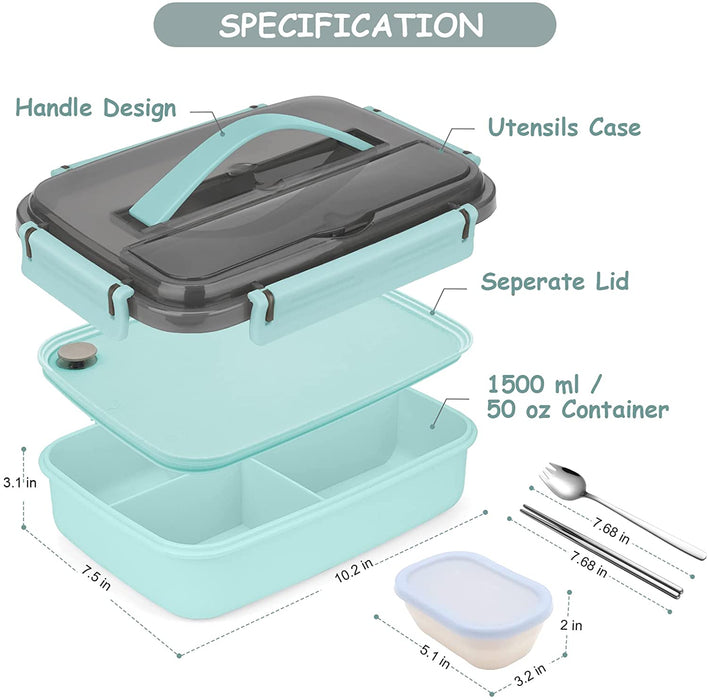 Bento Box Adult Lunch Box, Bento Lunch Box Containers, 50-Oz Bento Box for Kids with Compartments, Sauce Container, Chopsticks and Spork, Green