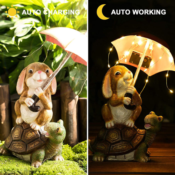 Solar Garden Statue Outdoor Decor, Rabbit Siting on Turtle Holding an Umbrella with String Lights, Easter Bunny Statue for Patio, Lawn, Yard Art Decoration, Housewarming Garden Gift