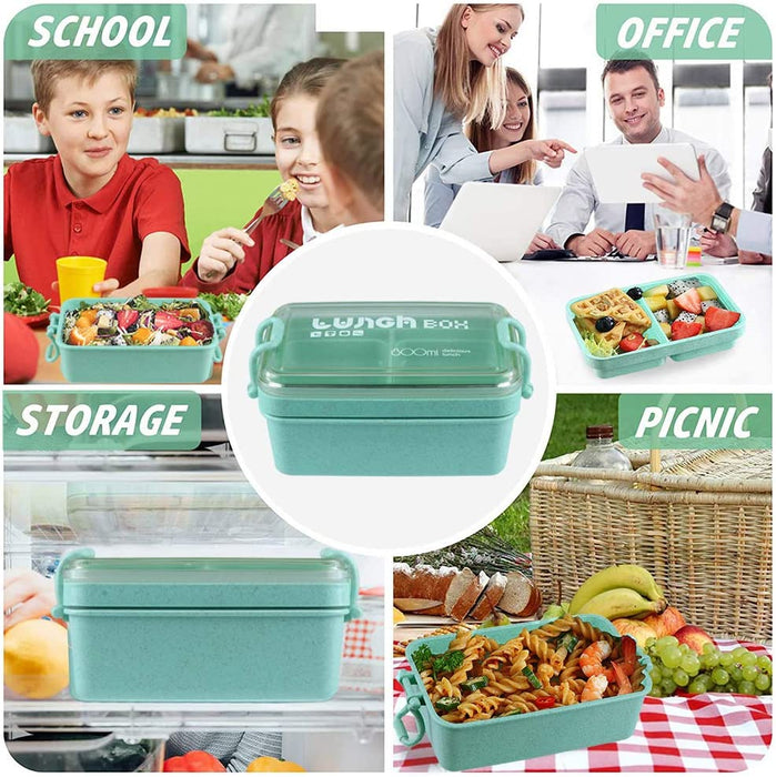 Bento Box Japanese Lunch Box Kit, Stackable 2 Layer Lunch Box, Leakproof Wheat Straw BPA Free Bento Lunch Boxes Set with Soup Cup, Spoon and Fork, Cake Cups