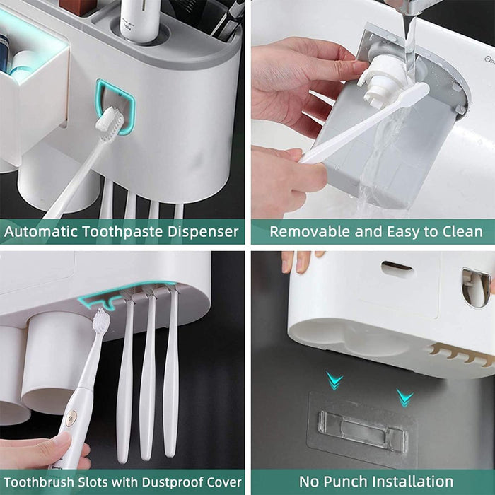 Toothbrush Holder Wall Mounted Automatic Toothpaste Dispenser Squeezer Kit,Toothbrush Holder with Toothpaste Dispenser, 4 Toothbrush Slots,3 Cups