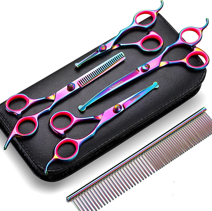 Professional 4CR Stainless Steel Safety round Tip 6 in 1 Dog Scissors for Grooming, Heavy Duty Titanium Coated Pet Grooming Scissor for Dogs, Cats and Other Animals