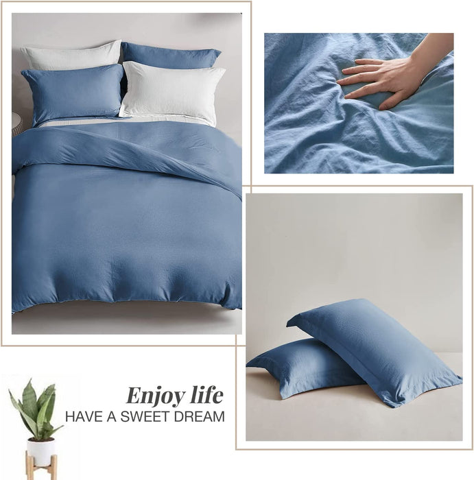 Super Soft Duvet Cover - 100% Washed Microfiber Light Denim Comforter Cover Set 3 Pieces Queen Size Bedding Set with Zipper Closure & Corner Ties