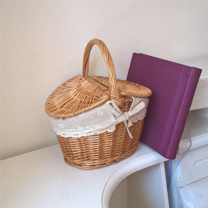 Handmade Woven Rattan Basket with Handle and Double Lids Camping Piic Food Storage Container Organizer