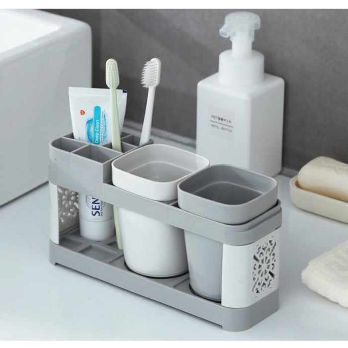 Toothbrush Toothpaste Stand Holder with 2 Cups Bathroom Storage Organizer Plastic White