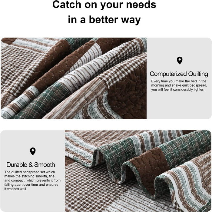 100% Cotton Quilt Set Queen Size, Patchwork Plaid Queen Quilt Bedding Set Bedspreads, Farmhouse Lightweight Comforter Reversible Quilt, Brown/Green Bed Spread for Queen Bed, 3 Pieces