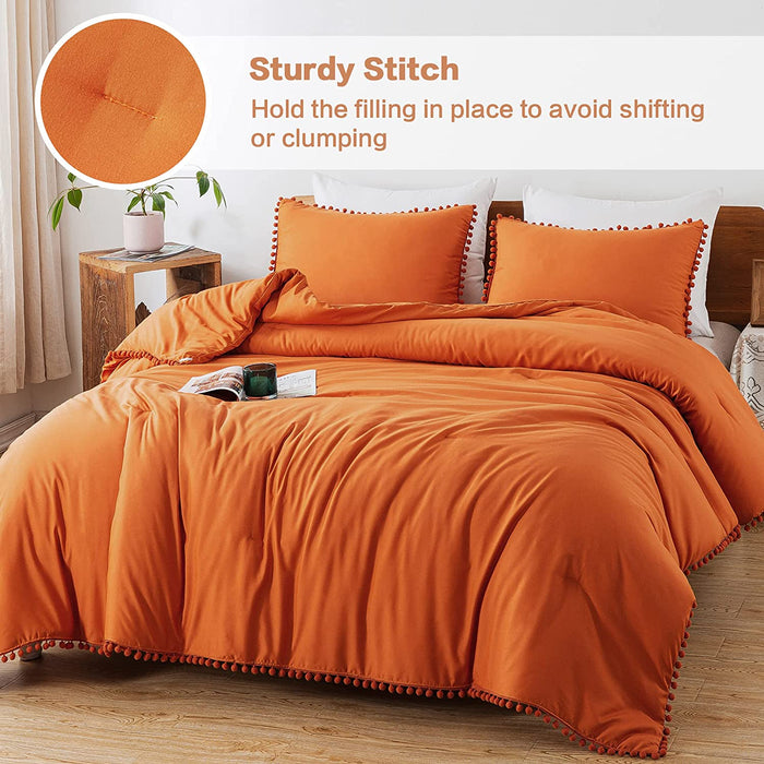 Burnt Orange Pom Pom Fringe Comforter Full(79X90 Inch), 3 Pieces(1 Boho Comforter and 2 Pillowcases) Aesthetic Ball Pom Comforter, Lightweight Soft Microfiber down Alternative Bedding Set