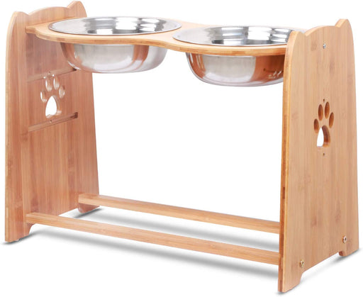 Raised Pet Bowls for Cats and Dogs, Adjustable Bamboo Elevated Dog Cat Food and Water Bowls Stand Feeder with 2 Stainless Steel Bowls and anti Slip Feet (Height 5.1" to 7.5" to 10")