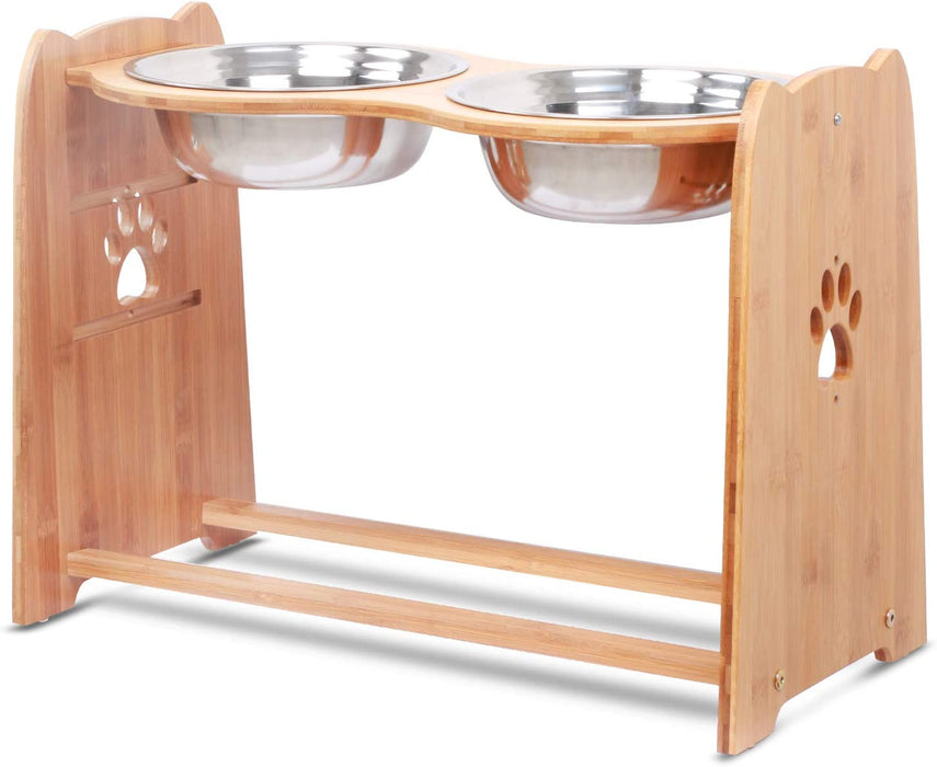 Raised Pet Bowls for Cats and Dogs, Adjustable Bamboo Elevated Dog Cat Food and Water Bowls Stand Feeder with 2 Stainless Steel Bowls and anti Slip Feet (Height 5.1" to 7.5" to 10")