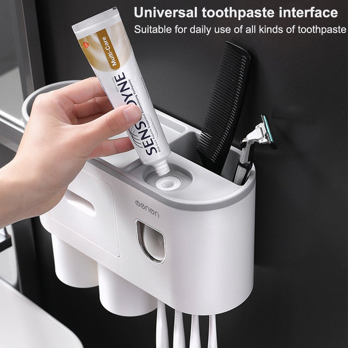 Toothbrush Holder Wall Mounted Automatic Toothpaste Dispenser Squeezer Kit,Toothbrush Holder with Toothpaste Dispenser, 4 Toothbrush Slots,3 Cups