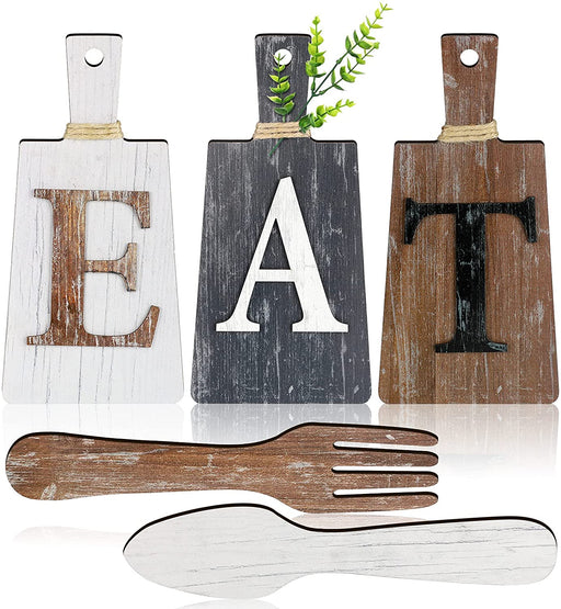 Cutting Board Eat Sign Set Hanging Art Kitchen Eat Sign Fork and Spoon Wall Decor Rustic Primitive Country Farmhouse Kitchen Decor for Kitchen and Home Decoration (Gray, White, Brown)