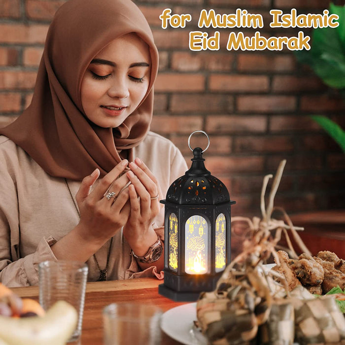 Mini Ramadan Candle Mubarak Lantern LED Eid Mubarak Lantern Moon Star Lights Moroccan Style Hanging Lantern for Home Patio Table Wedding Centerpiece Festival Decor (Black, 6 Pieces)