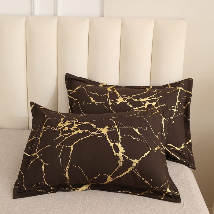 Gold Metallic Marble Comforter Set Queen Size Foil Print Glitter Bedding Sets,Coffee/Gold,Queen