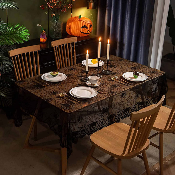2 Pack Halloween Tablecloth, 54 X 72 Inch Rectangular Polyester Lace Tablecloth, Black Spider Web Lace Table Cover for Halloween Party, Scary Movie Nights, Halloween Table Decorations