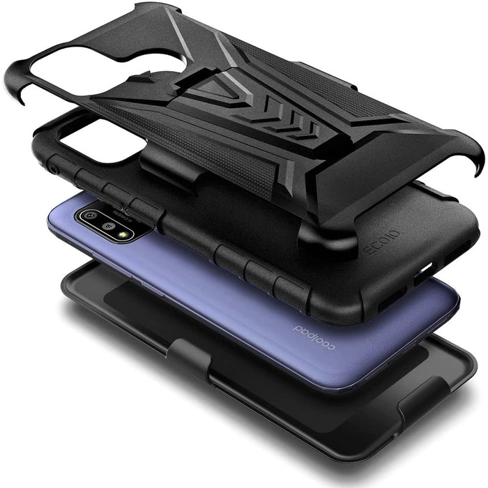 Coolpad SUVA Phone Case with Tempered Glass Screen Protector (Full Coverage),  Belt Clip Holster with Built-In Kickstand, Heavy Duty Shockproof Armor Rugged Case (Black)