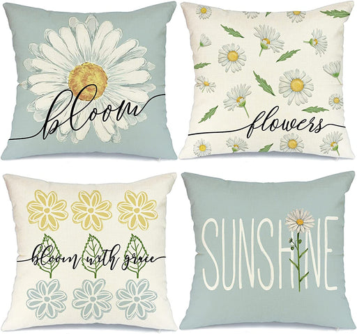Spring Summer Pillow Covers 18X18 Set of 4 Farmhouse Summer Spring Decor Daisy Bloom Floral Blue Spring Pillows Decorative Throw Pillows Spring Decorations A547-18