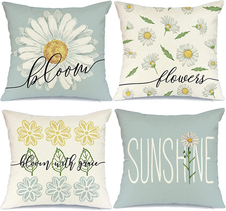 Spring Summer Pillow Covers 18X18 Set of 4 Farmhouse Summer Spring Decor Daisy Bloom Floral Blue Spring Pillows Decorative Throw Pillows Spring Decorations A547-18
