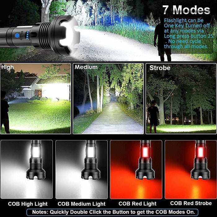 Led Rechargeable Tactical Flashlights 90000 High Lumens, Xhp90 Brightest Flashlight with Cob Sidelight, Powerful Emergency Flashlight with USB Output as Power Bank, Zoomable, Waterproof,7Mode
