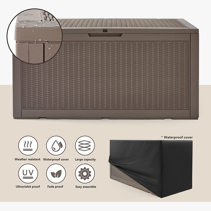 COSVALVE 100 Gallon Deck Box, Large Resin Outdoor Storage Box, Patio Garden Furniture with Oxford Waterproof Dust Cover for Outdoor Cushions & Pillows, Pool Toys, Garden Tools,Sports Equipment(Brown)