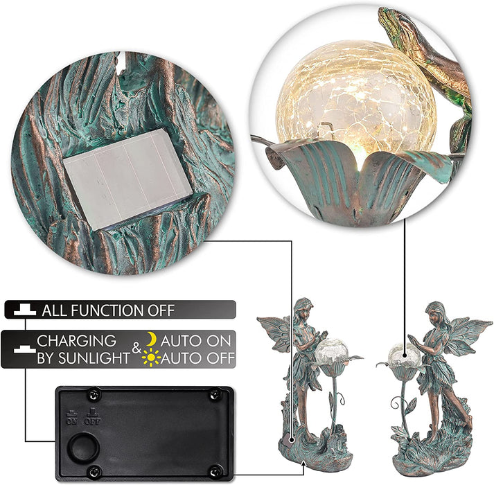 Large Garden Fairy Outdoor Statue, Solar Garden Sculptures & Statues with Crackle Glass Globe, Bronze Patina Garden Art for Lawn Patio Yard Decor 13.2 Inch