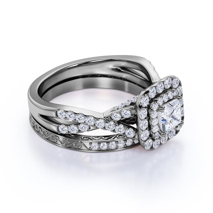 1.25 Ct - Square Moissanite - Double Halo - Twisted Band - Vintage Inspired - Pave - Gothic Wedding Ring Set in 18K Black Gold over Silver
