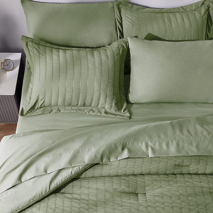 Queen Seersucker Comforter Set with Sheets Green Bed in a Bag 7-Pieces All Season Bedding Sets with Comforter, Pillow Sham, Flat Sheet, Fitted Sheet, Pillowcase