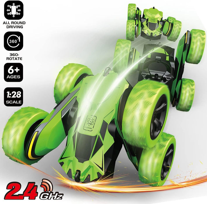 RC Stunt Cars Remote Control Car Double-Sided Driving 360-Degree Flips Rotating Car Toy, Green