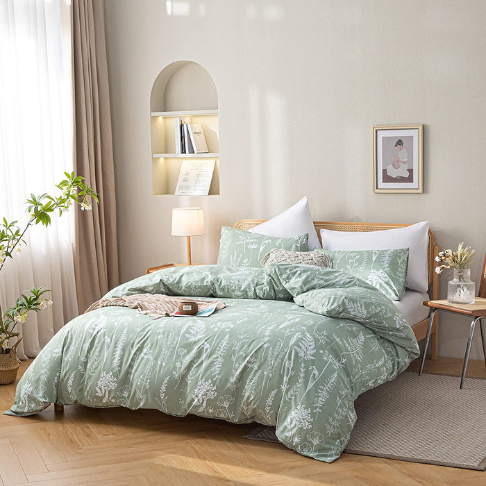 Queen Comforter Set Sage Green Comforter,3 PCS Bedding Sets Floral Comforter Set Plant Flowers Printed on Fluffy Comforter Set for All Season
