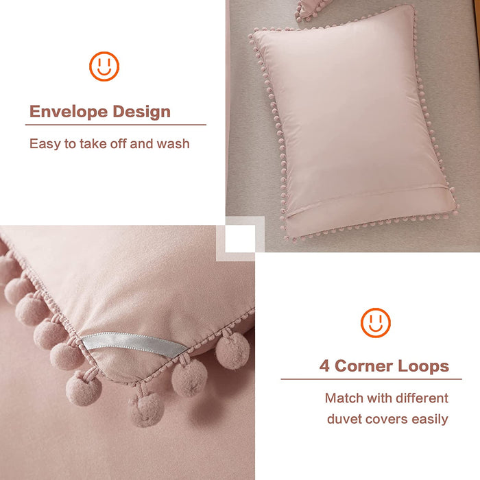 Blush Pom Pom Fringe Comforter Full(79X90 Inch), 3 Pieces(1 Boho Comforter and 2 Pillowcases) Aesthetic Boho Comforter, Lightweight Soft Microfiber down Alternative Bedding Set
