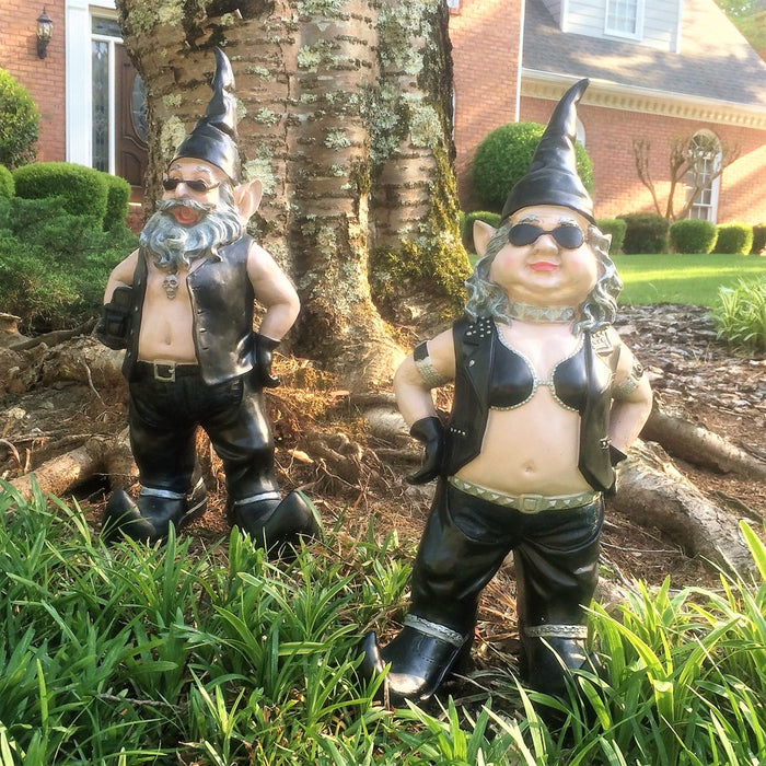 Homestyles Extra Large "Biker Dude & Babe" the 20"H Biker Gnome in Leather Motorcycle Riding Gear Outdoor Garden Statue