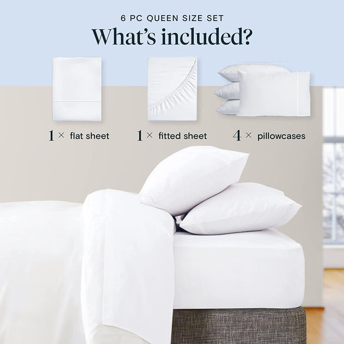 6 PC Sheet Set Bamboo Sheets Deep Pockets 18" Eco Friendly Wrinkle Free Sheets Machine Washable Hotel Bedding Silky Soft - White Queen