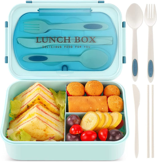 Bento Lunch Box for Kids and Adults with 3 Compartment Leak Proof Lunch Boxes for Men Women Food Containers with Spoon Fork Knife Chopsticks - 1400 ML (Blue)