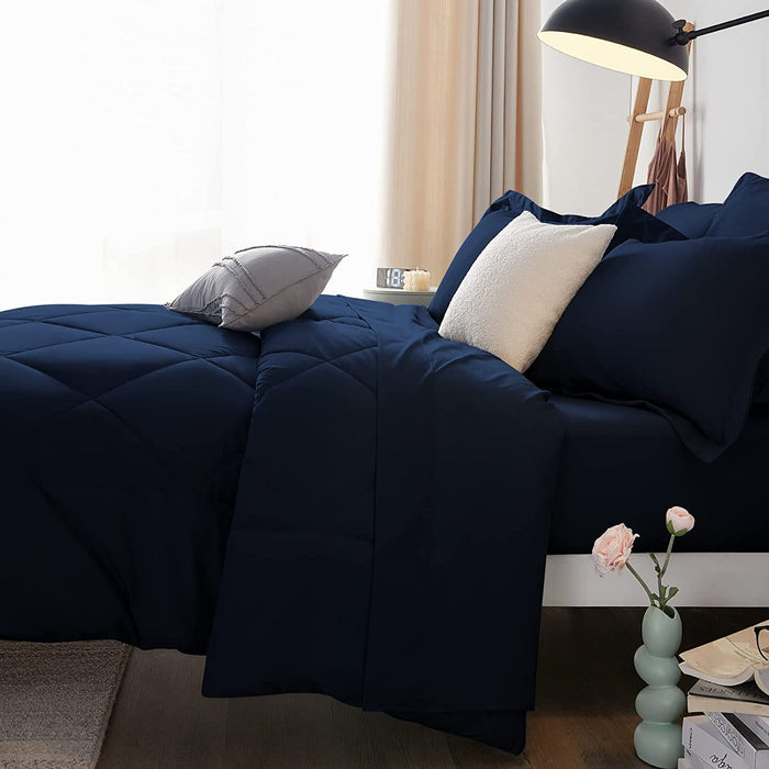 Queen Bed in a Bag 7 Pieces Comforter Set with Comforter and Sheets Navy Blue All Season Bedding Sets with Comforter, Pillow Shams, Flat Sheet, Fitted Sheet and Pillowcases