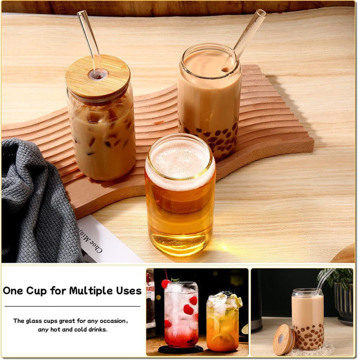 Glass Cups with Lids and Straws 4Pcs Set 16Oz Iced Coffee Cups,Glass Coffee Cups with Lids and Straw,Beer Can Glass with Lids and Straw