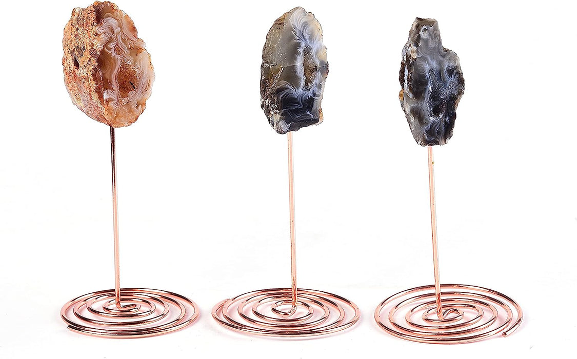 3PCS Agate Geode Irregular Natural Crystal with Copper Stand Gem Ornaments for Healing Crystal Home Decor 3-5"