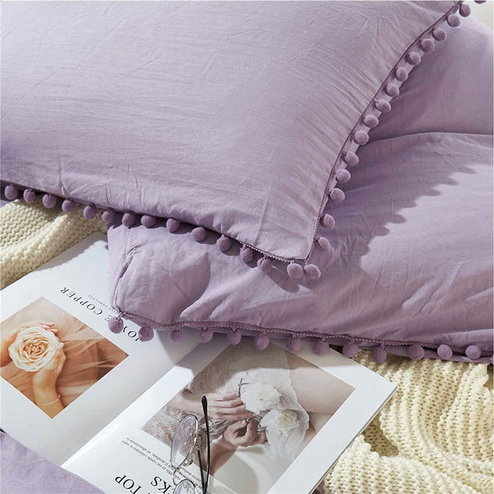 Lavender Comforter Set Queen Size, 3 Piece Boho Pom Fringe Bed Set, All Season Farmhouse Microfiber down Alternative Bedding Comforter with 2 Pillow Shams, Solid Light Purple