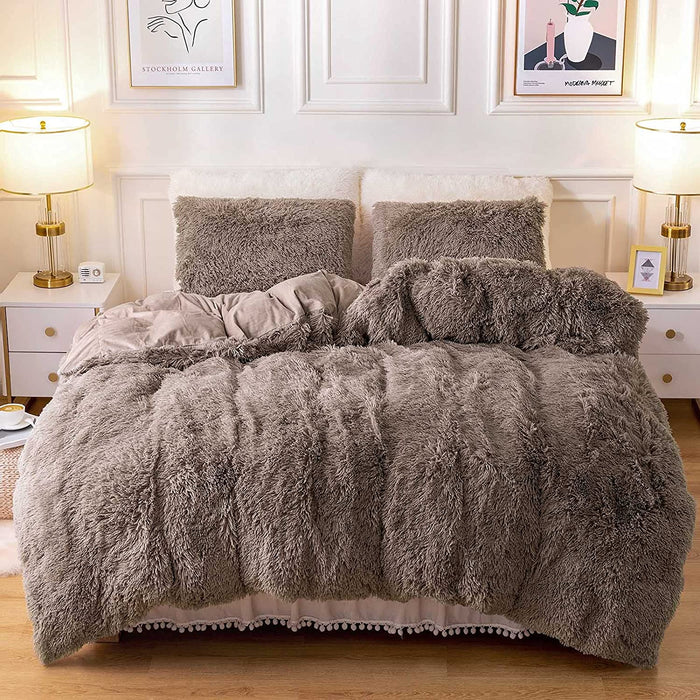 Plush Fluffy Duvet Cover Oeko-Tex Certified Luxury Ultra Soft Shaggy Crystal Velvet Bedding Set 3 Pieces(1 Duvet Cover + 2 Pillow Shams) Zipper Closure(Queen, Khaki)