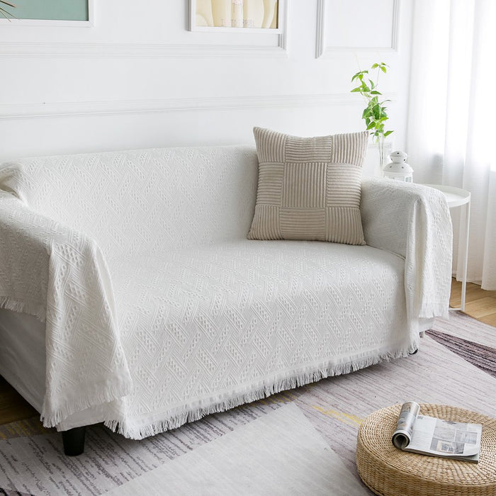 Cotton Geometrical Sofa Cover, Sectional Couch Covers for 2 Cushion Couch Couch Cover Living Room Throws Blankets Sofa Slipcovers, Furniture Protector for Pets (Medium, 71" X 91", White)