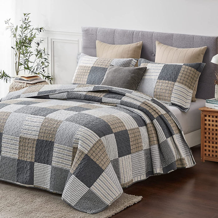 100% Cotton Quilt Set Queen Size,Patchwork Plaid Queen Quilt Bedding Set Bedspreads,Farmhouse Lightweight Comforter,Grey/Gray/Black/Tan/White/Cream Reversible Quilt for Queen Bed,3 Pieces