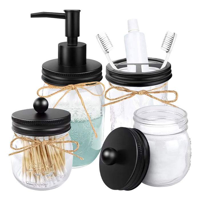 Set of 4 Mason Jar Bathroom Accessories - Clear Mason Jar Soap Dispenser&2 Apothecary Jars & Toothbrush Holder - Bathroom Home Decor Clearance, Countertop Vanity Organizer