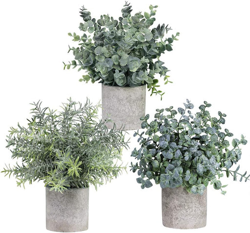 Set of 3 Mini Potted Artificial Eucalyptus Plants Plastic Fake Green Rosemary Plant for Home Decor Office Desk Shower Room Decoration